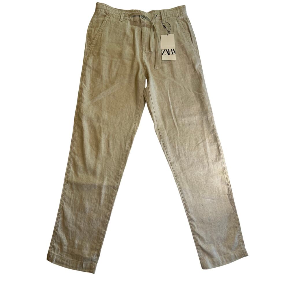 Zara Men Linen Cotton Drawstring Pants Beige Oatmeal NWT Size 29x28